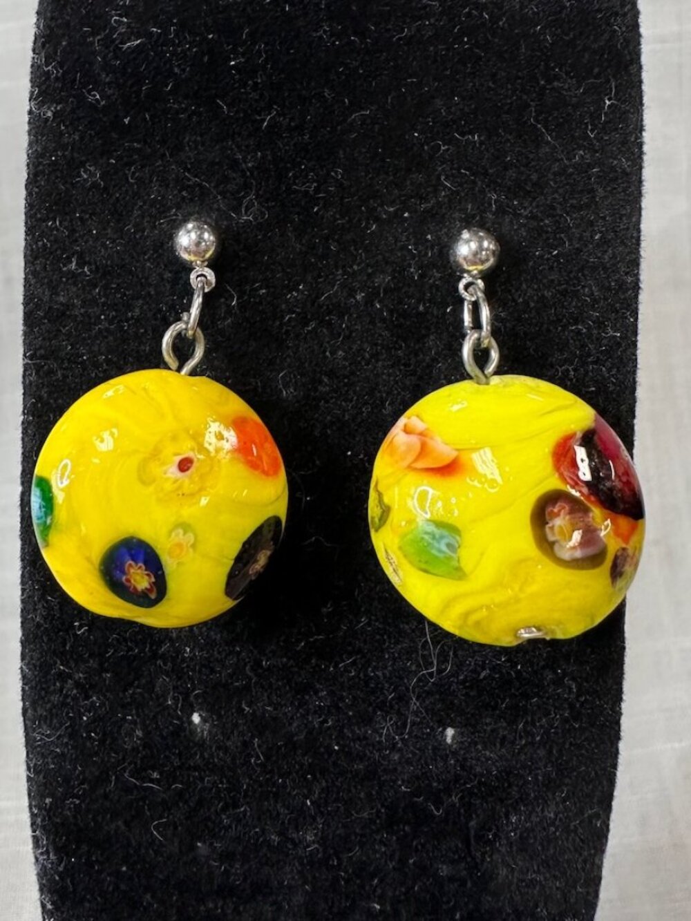 Yellow Blown Glass Drop Earrings with Flowers